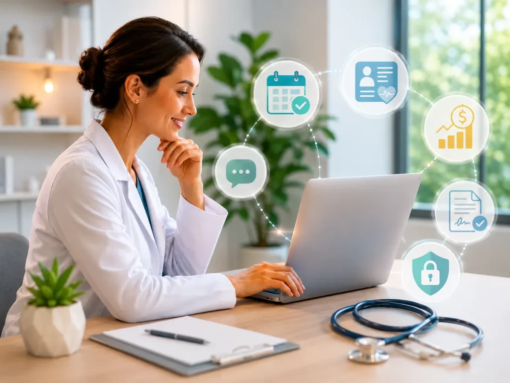 Profissional de saúde usando notebook em consultório moderno, com recursos digitais de agenda, prontuário, financeiro e segurança para gestão clínica.